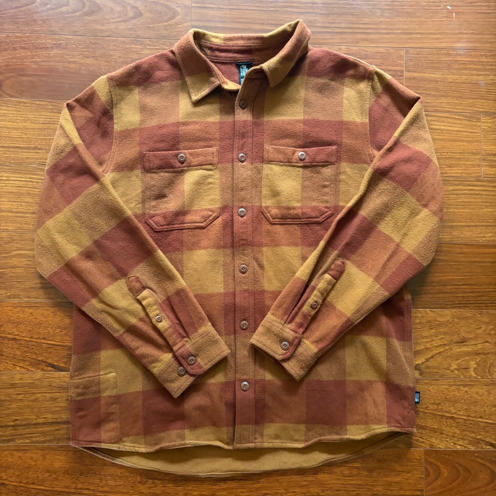 Mountain Hardwear Mens XL Plaid Flannel Shirt Orange Brown Organic Cotton OM9113